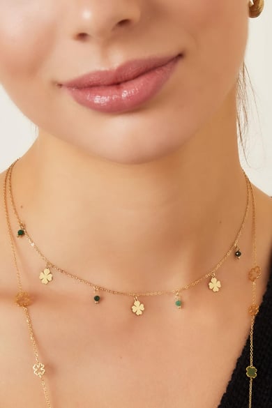 Collier trèfles à quatre feuilles &amp; pierres Couleur or Acier inoxydable h5 Image3